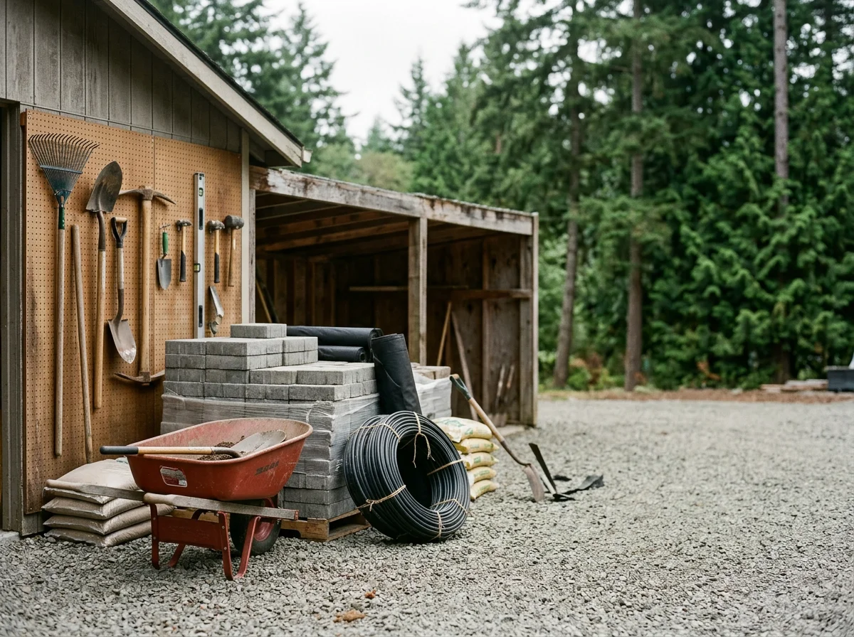 Landscaping tools and materials arranged on a work site, showing equipment ready for garden design and hardscape installation.