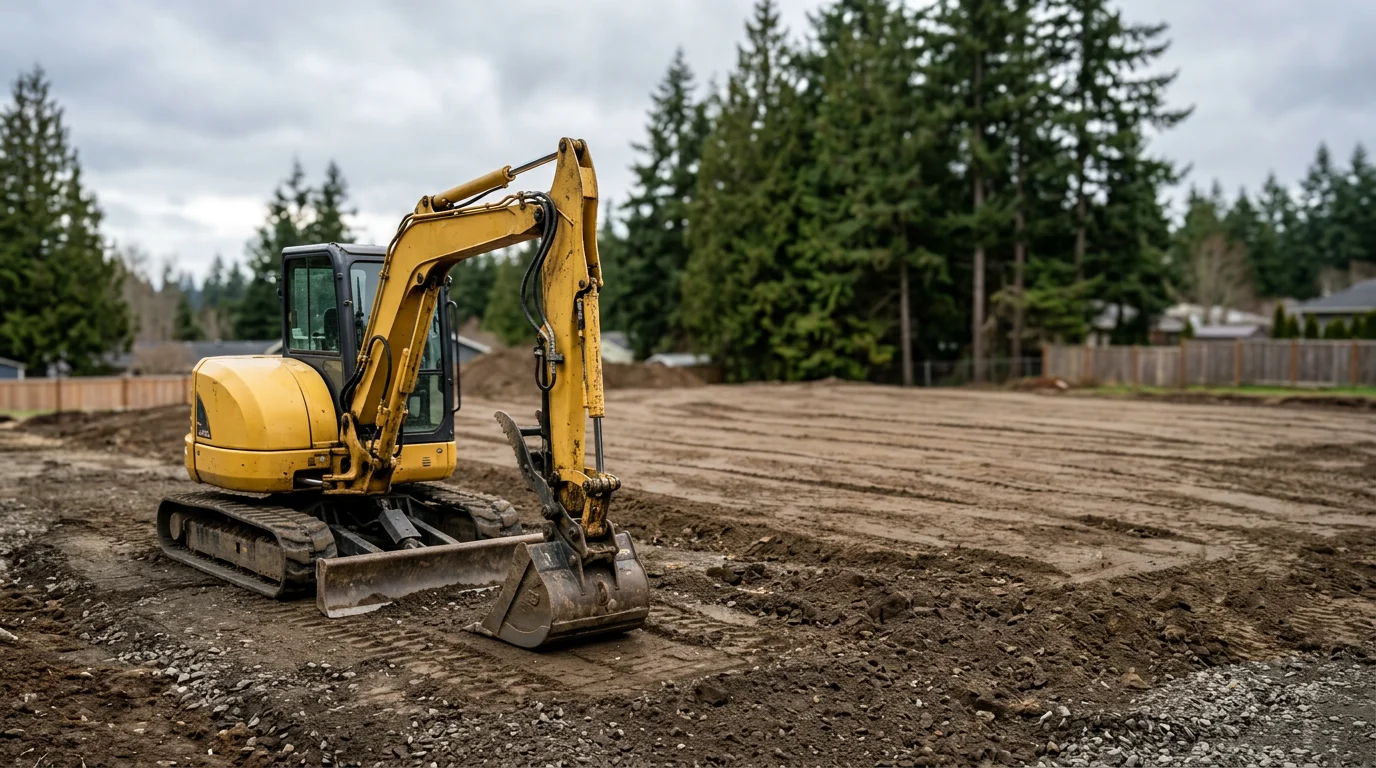 Excavator clearing and leveling land in Silverdale, WA for construction project