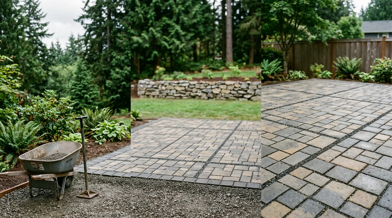 Professional hardscape installation featuring a stone patio with fire pit and retaining wall in Silverdale