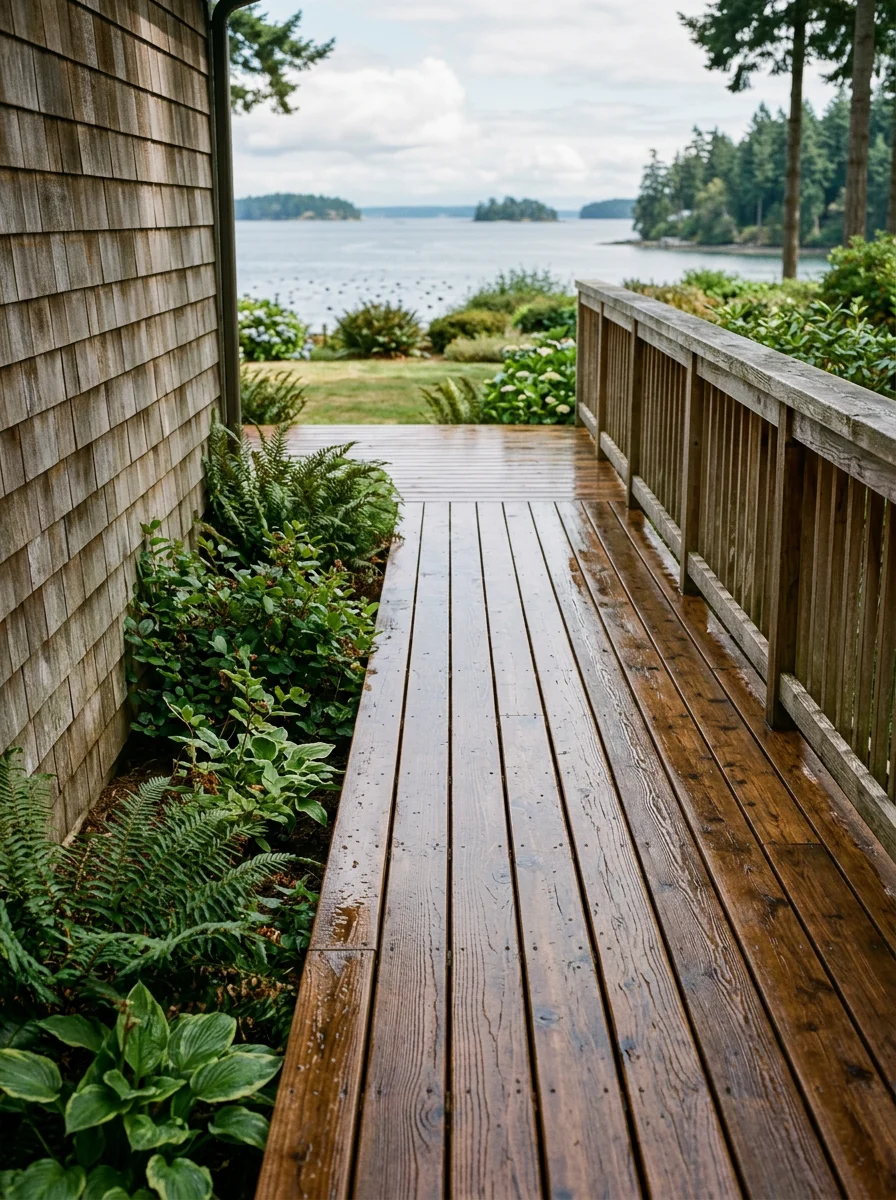 Freshly pressure-washed deck on a Bainbridge Island waterfront home with weathered cedar railings and saltwater visible beyond the yard.