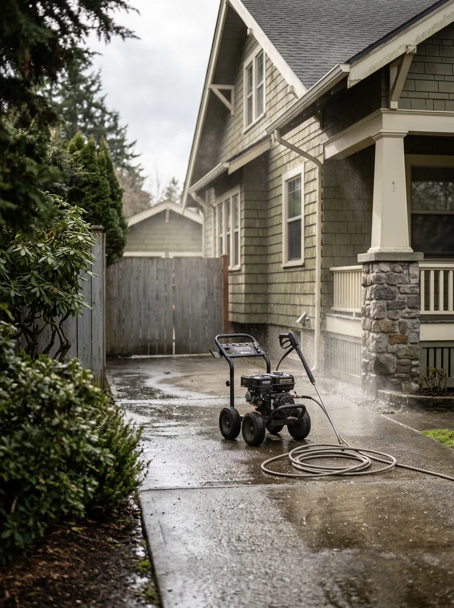 Pressure washing service on the concrete driveway and siding of an older Craftsman home in the Manette neighborhood of Bremerton, WA.