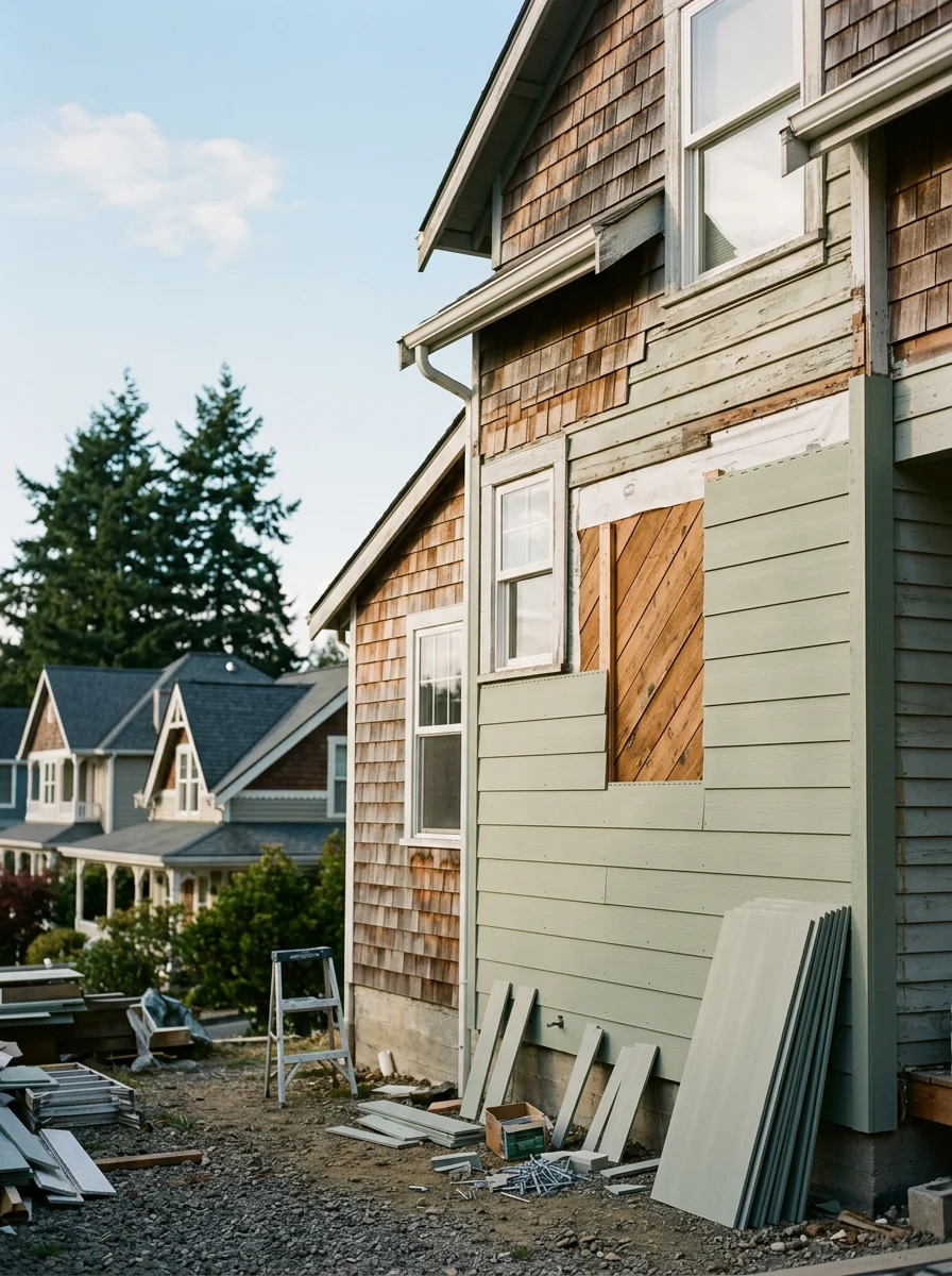 Siding replacement in progress on an older Gig Harbor downtown cottage with harbor-facing exposure and new fiber cement panels being installed.