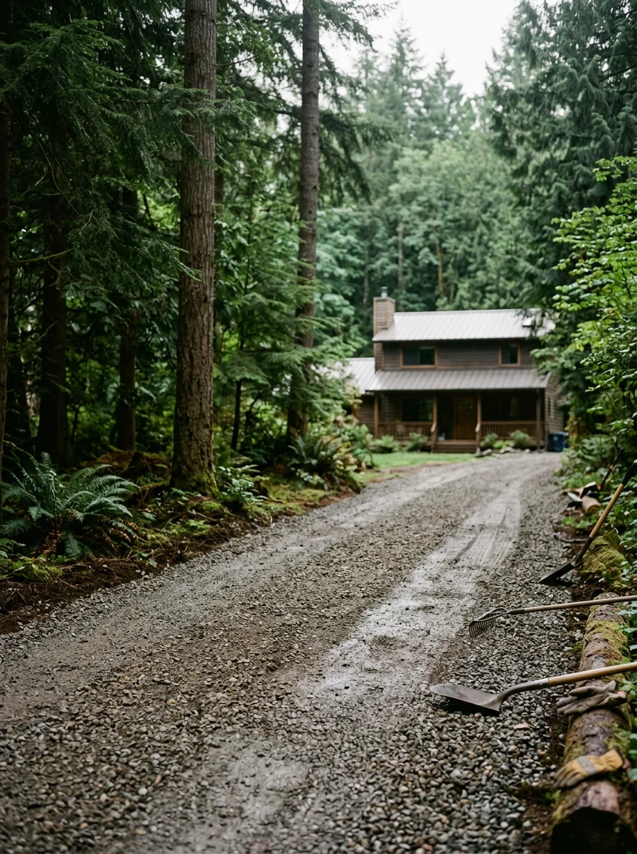 Gravel spreading on an unpaved driveway at an inland Kingston, WA property surrounded by Douglas fir and alder trees with a residential home visible at the end.