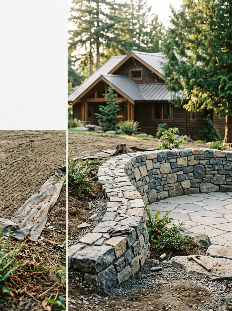 Rock wall and patio installation on a sloped yard near historic downtown Port Orchard with a Craftsman-style home visible in the background.