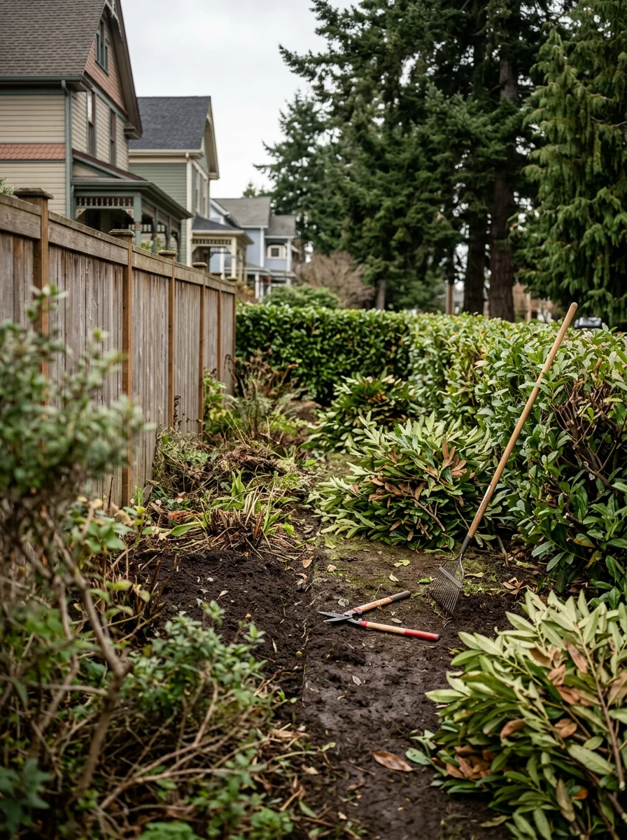 Full garden cleanup underway on a large Uptown Port Townsend lot with overgrown laurel hedges being cut back and debris cleared from mature garden beds.