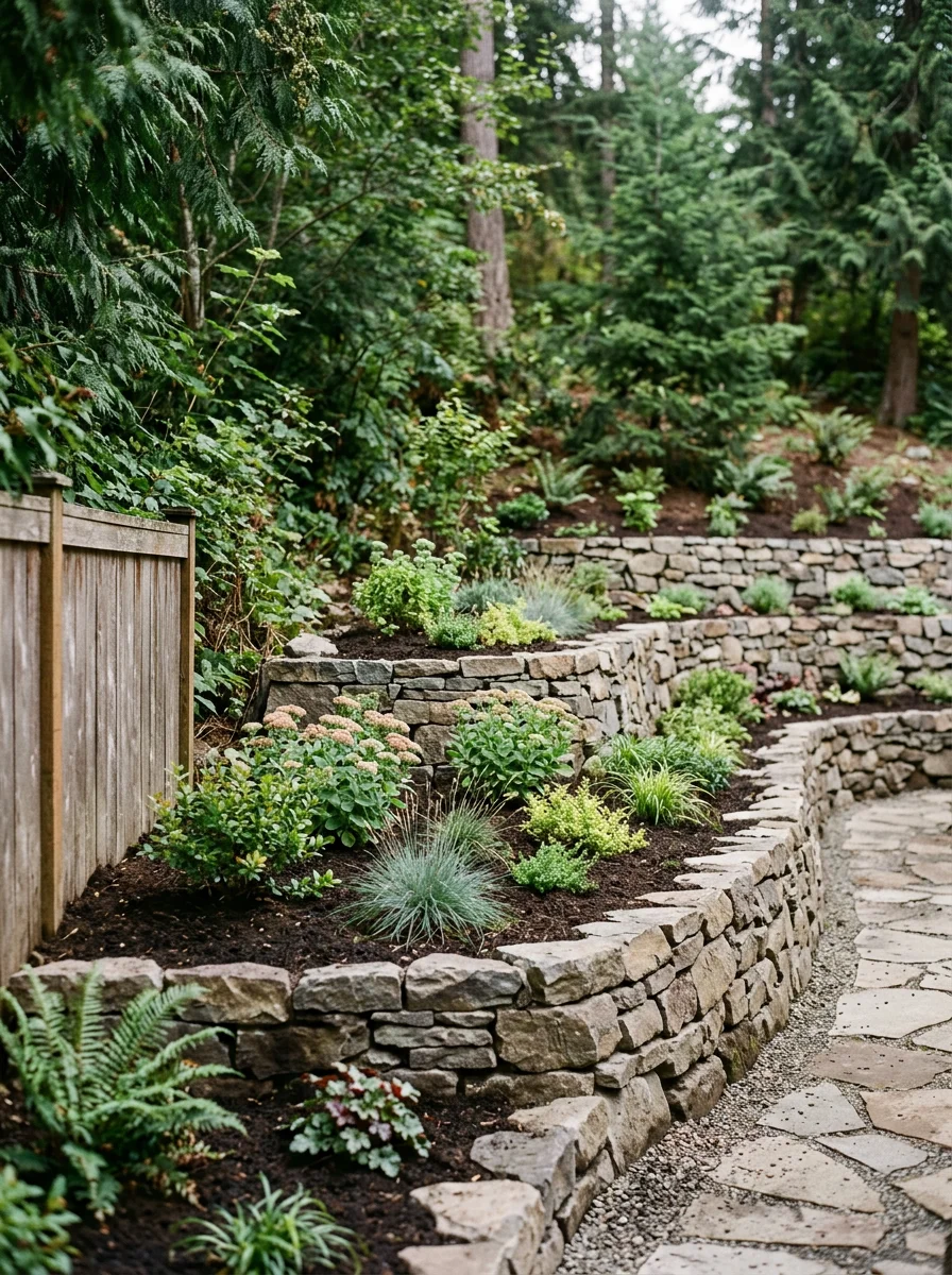 Rock wall terracing on a sloped Scandia Bluffs lot in Poulsbo, WA with new plantings installed along each terrace level.
