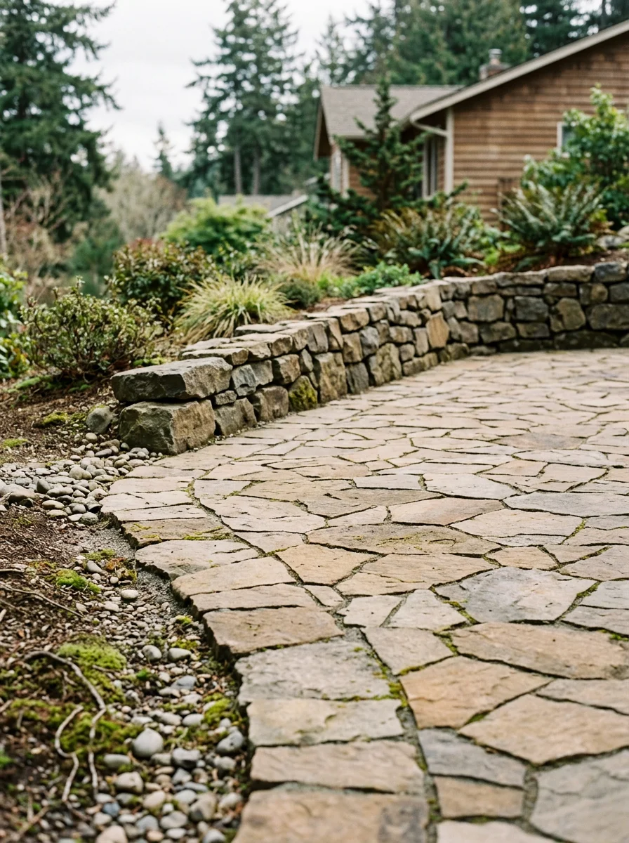 Close-up of a completed patio installation with fitted stone pavers and a low rock wall on a sloped Silverdale residential lot.