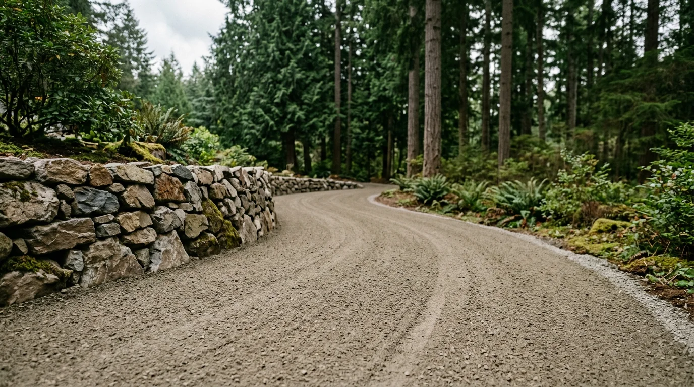 Freshly spread gravel driveway at a Silverdale, WA home with a Douglas fir tree line in the background and a new rock wall border along the edge.
