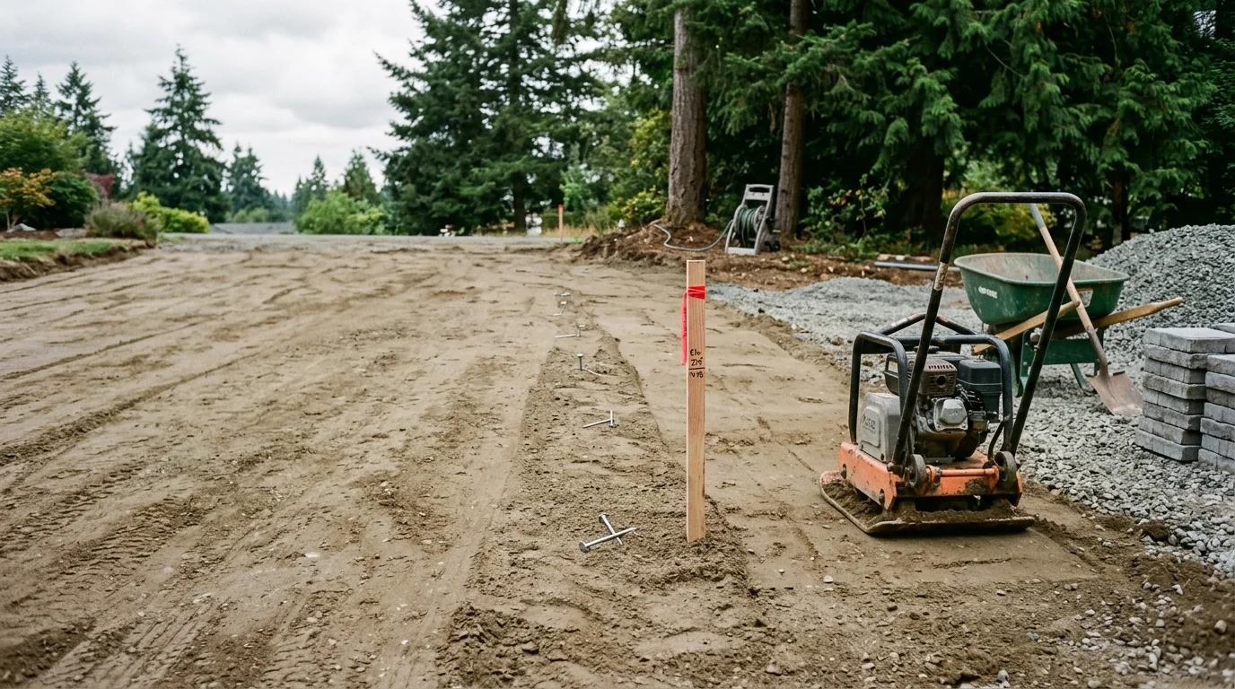 A freshly installed crushed stone driveway at a residential property in Silverdale, WA, with clean graded edges and a level surface leading to a home surrounded by Pacific Northwest trees. The stone surface shows uniform coverage with no ruts or pooling areas.