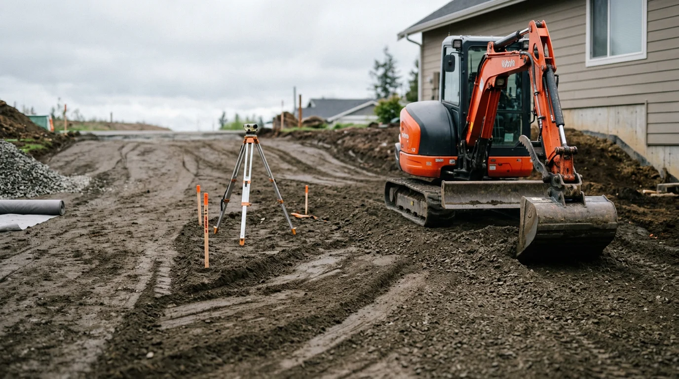 A freshly excavated driveway cut into a sloped residential lot in Silverdale, WA, showing a graded subgrade ready for base material. Heavy equipment sits at the edge of the cleared site with the Kitsap Peninsula treeline visible in the background.