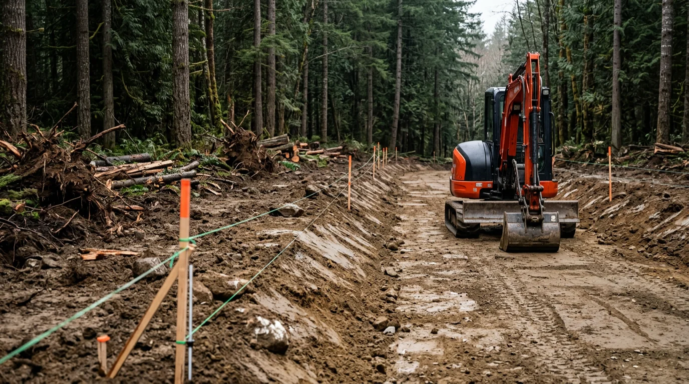 A freshly excavated road corridor on a wooded Kitsap Peninsula property, showing a compacted gravel subbase with shaped drainage slopes on both sides. Heavy excavation equipment sits at the edge of the cleared road path near Silverdale, WA.