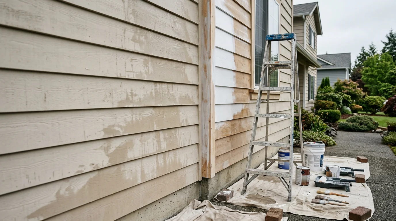 A freshly painted single-family home exterior in Silverdale, WA with clean siding and trim showing a smooth, even finish. The home sits in a residential neighborhood on the Kitsap Peninsula under overcast Pacific Northwest skies.