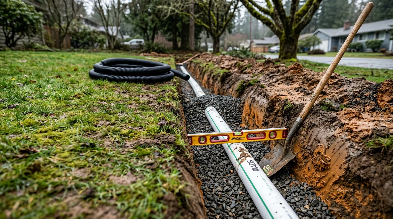 A freshly installed French drain trench filled with gravel and a perforated pipe running along the side of a residential yard in Silverdale, WA. The surrounding lawn shows cleared soil and proper grading to direct water away from the home's foundation.