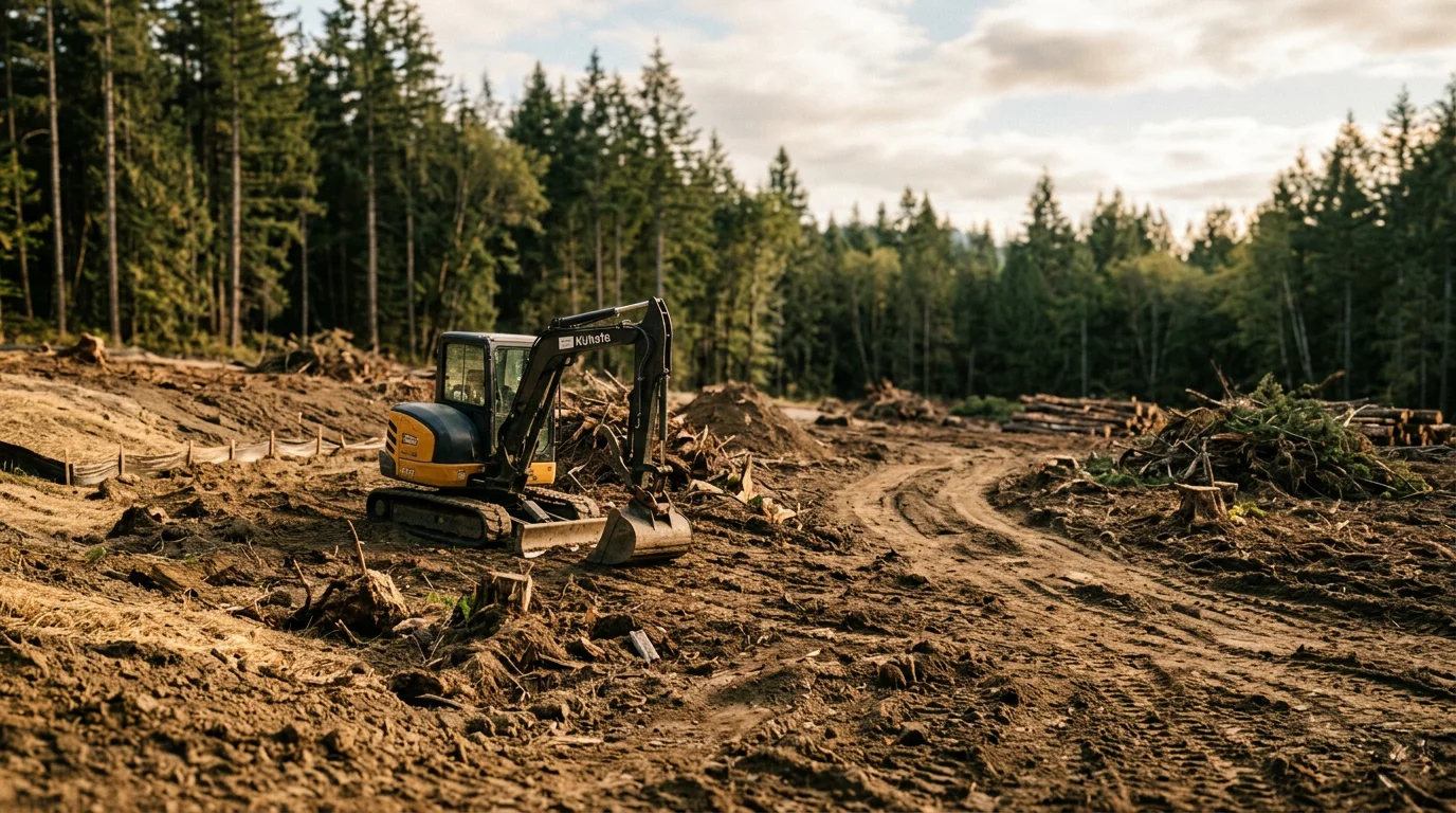 A freshly cleared residential lot in Silverdale, WA with stumps and brush removed, exposing level ground ready for construction. Dense Pacific Northwest tree line visible at the property boundary.