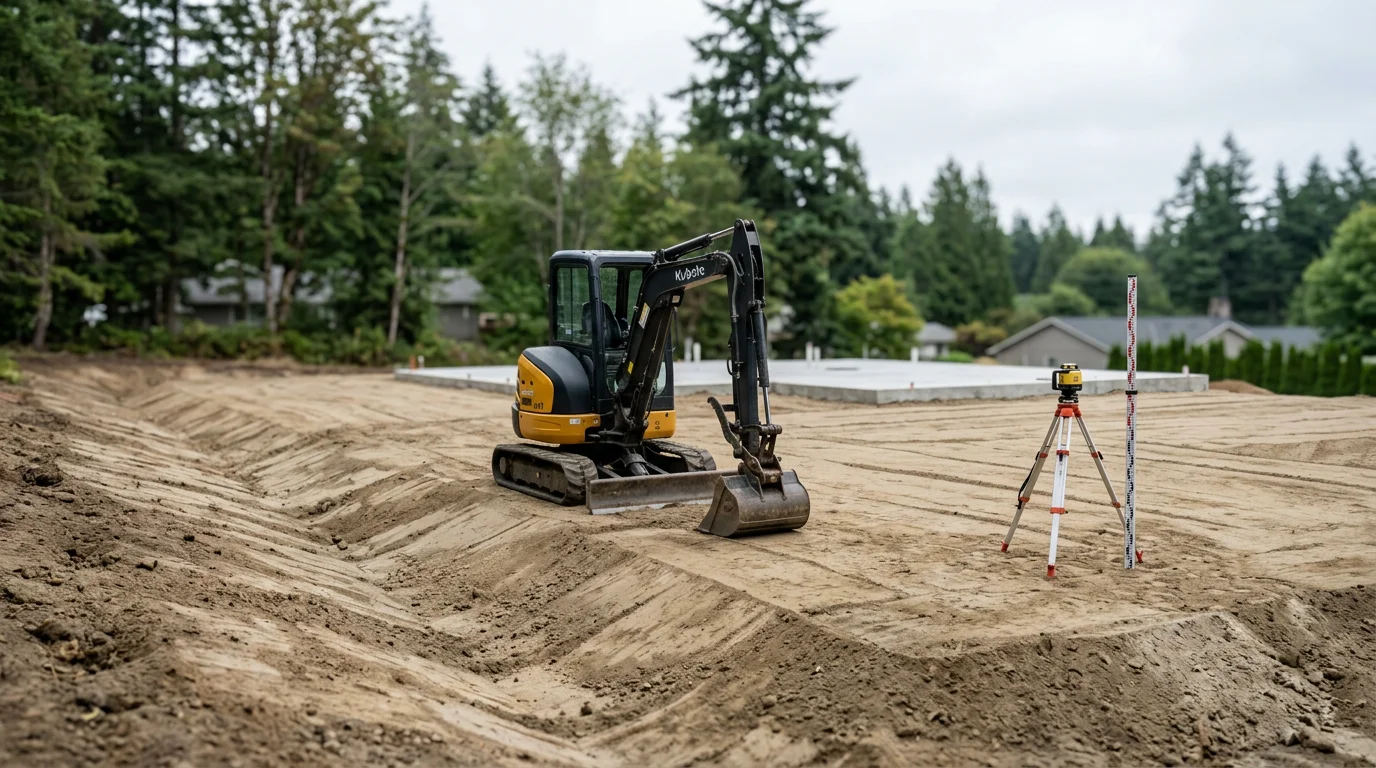 A freshly leveled residential lot in Silverdale, WA showing smooth, graded soil with proper slope away from a home's foundation. Excavation equipment sits at the edge of the cleared, even ground ready for landscaping or construction.