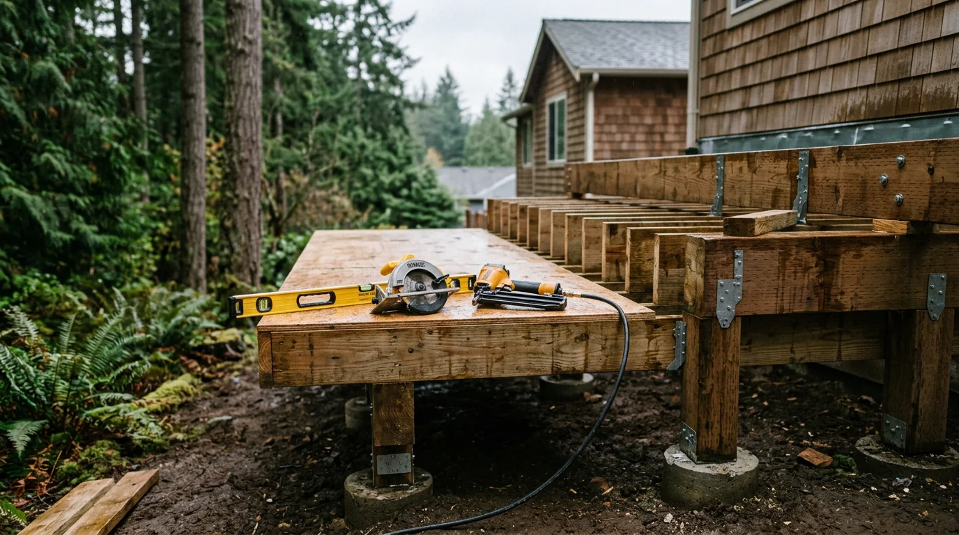 A newly installed wood deck attached to the back of a residential home in Silverdale, WA, surrounded by Pacific Northwest evergreen trees. The deck features clean framing, level decking boards, and a railing along the perimeter.