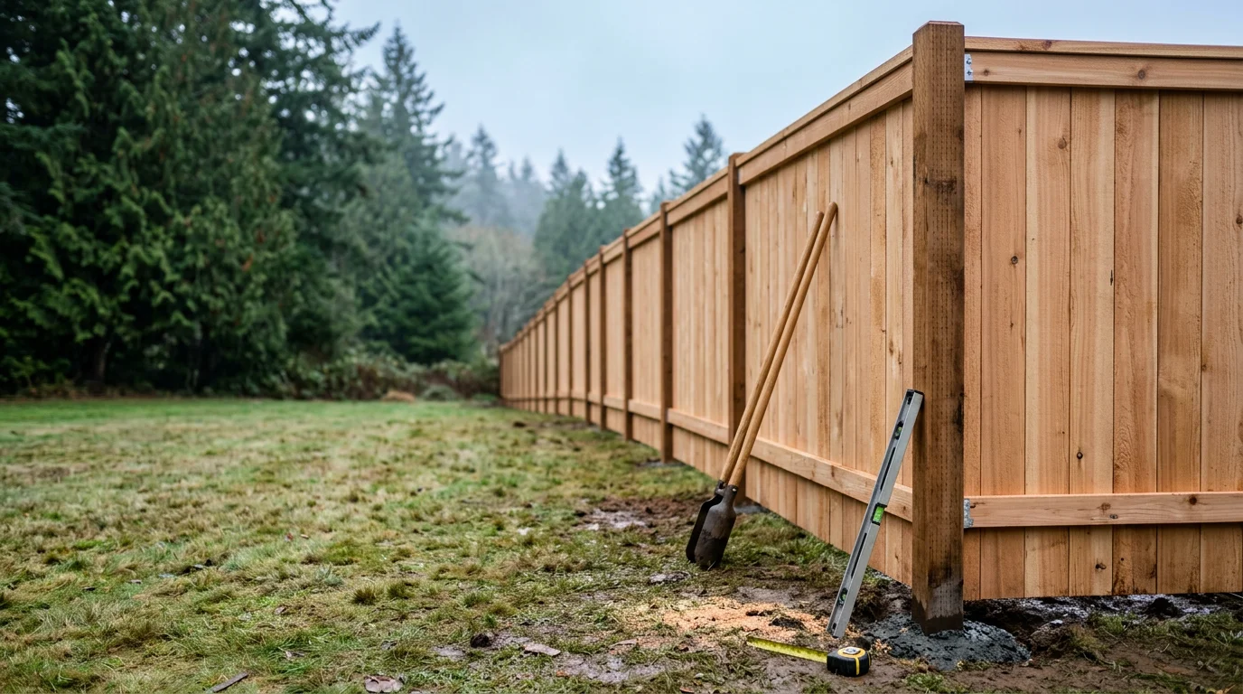 A newly installed wood privacy fence along the backyard boundary of a residential property in Silverdale, WA. The fence posts are set straight and the panels are evenly spaced, with mature Pacific Northwest trees visible in the background.