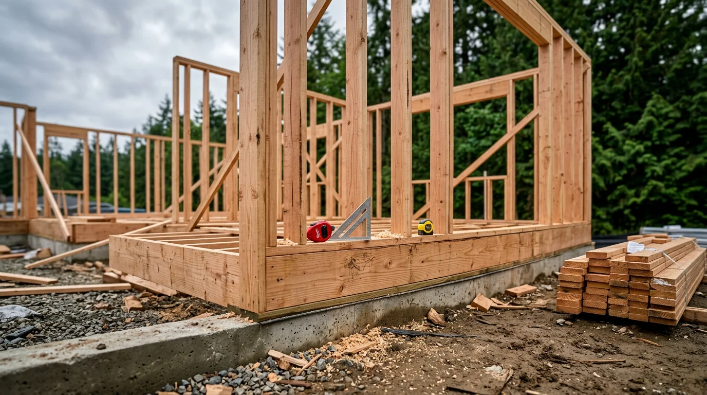 New wood framing structure for a residential home under construction in Silverdale, WA, showing wall studs, floor joists, and roof framing against a Pacific Northwest sky. A licensed framing crew works on site with Kitsap Peninsula tree coverage visible in the background.