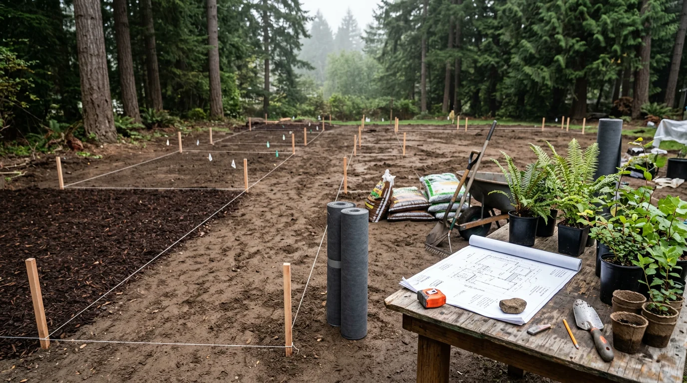 A newly designed residential garden in Silverdale, WA featuring structured planting beds and ground cover suited to the Pacific Northwest climate. The front yard shows a clear layout with defined edges and healthy plantings on a Kitsap Peninsula property.