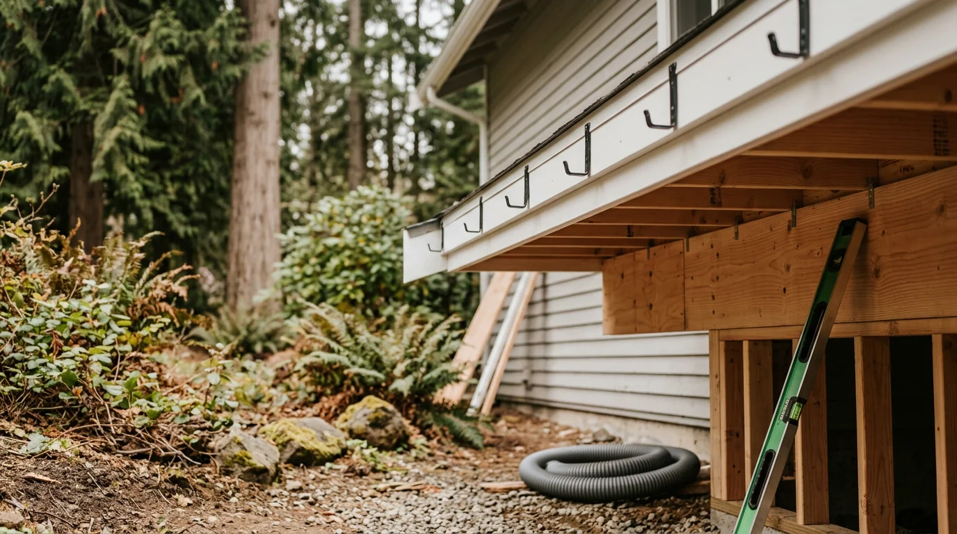 Newly constructed roof overhang on a residential home in Silverdale, WA, extending over a front entry to protect the door and siding from rain. Finished fascia and clean framing visible against a Pacific Northwest overcast sky.