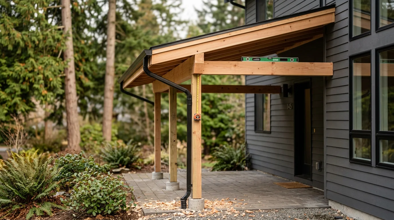 A finished hardscape overhang attached to a residential home in Silverdale, WA, with a covered patio area below and surrounding Pacific Northwest landscaping. The structure channels water away from the patio surface on a rainy Kitsap County day.