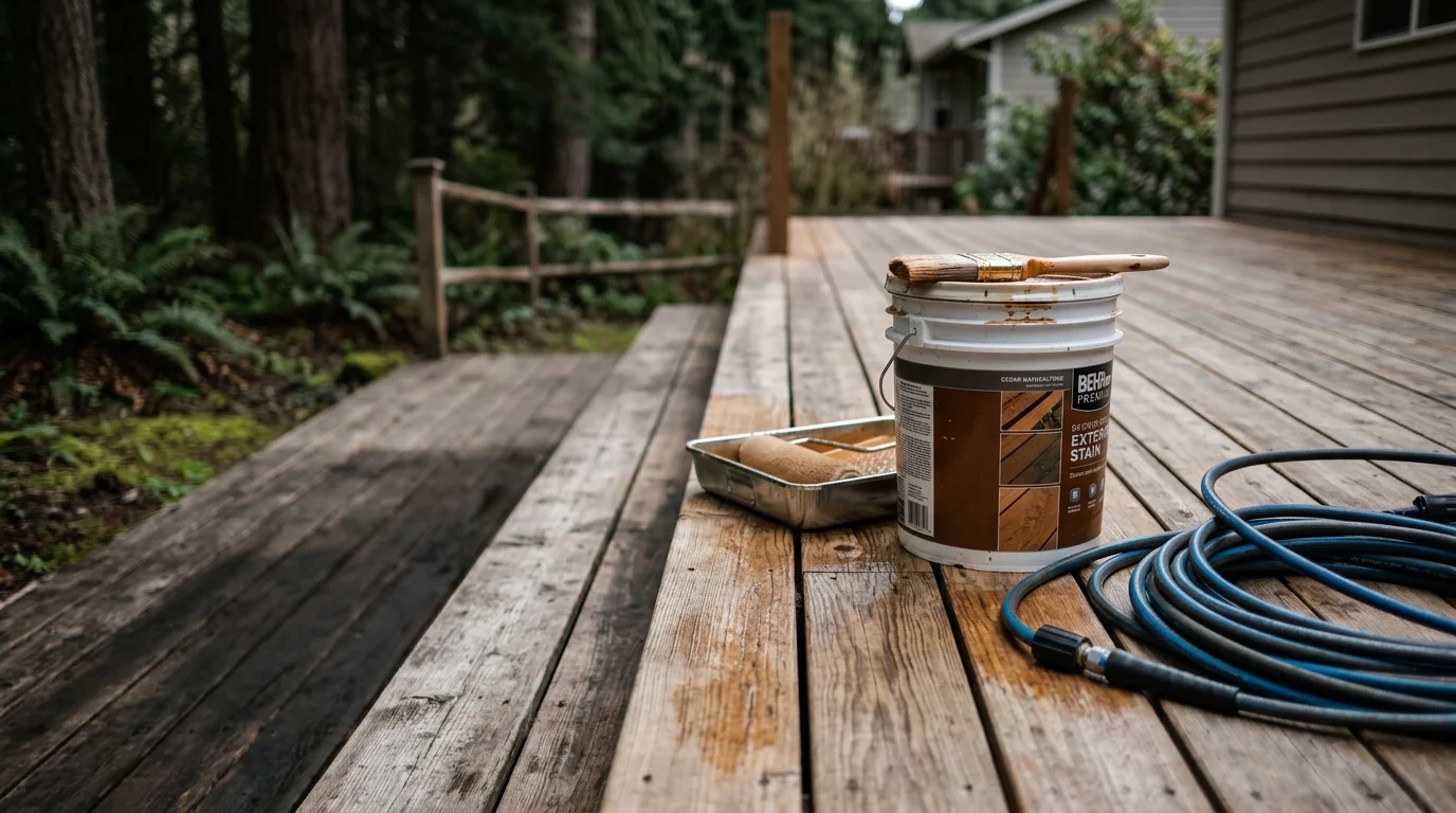 A freshly painted wood deck on a residential home in Silverdale, WA, with clean uniform coverage and no peeling or fading visible. The surrounding yard shows the dense Pacific Northwest tree cover typical of Kitsap Peninsula properties.