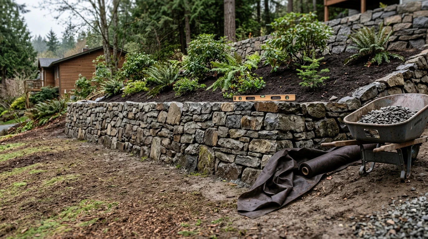 A completed stone retaining wall on a sloped residential property in Silverdale, WA, with flat yard space created above the wall and a hillside held firmly in place. The wall shows clean horizontal coursing with no visible gaps or soil erosion at the base.