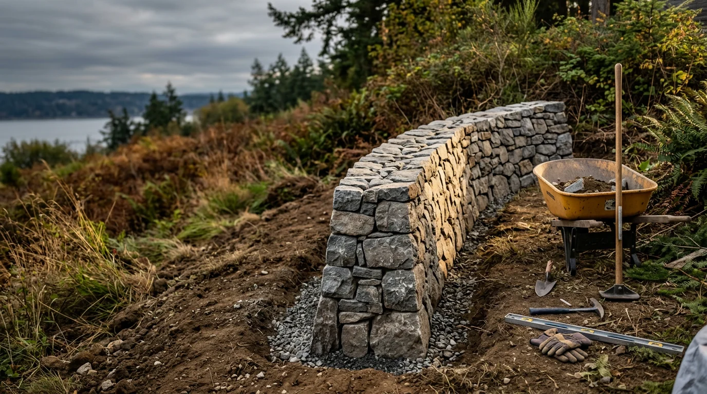 A natural stone rock wall built into a sloped residential yard in Silverdale, WA, holding back a terraced planting area above a lawn. The wall follows the natural grade of a Kitsap Peninsula property with mature trees in the background.